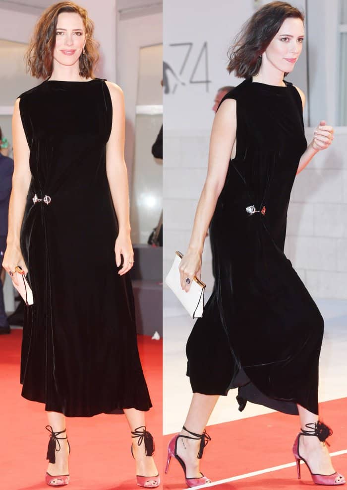 Rebecca Hall wearing a Monse Fall 2017 dress and Pierre Hardy "Majorelle" sandals at the "Three Billboards Outside Ebbing, Missouri" premiere during the 74th Venice Film Festival