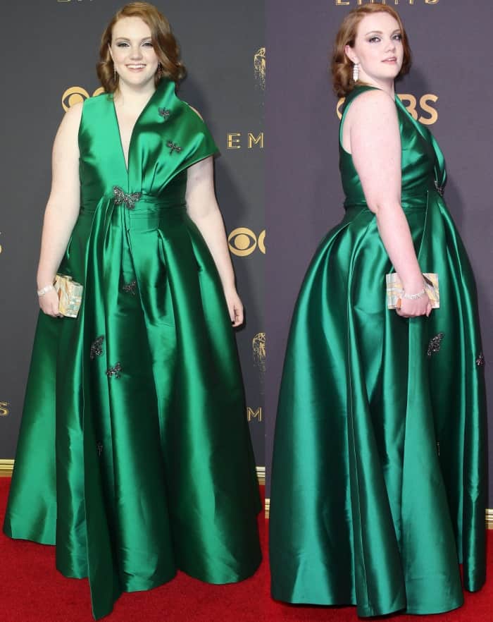Shannon Purser wearing a custom emerald green Sachin & Babi gown and L.K. Bennett shoes at the 69th Emmy Awards