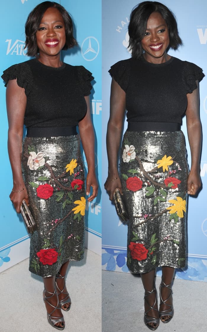 Viola Davis wearing an Alice + Olivia ensemble and metallic sandals at Variety and Women in Film's 2017 Pre-Emmy party
