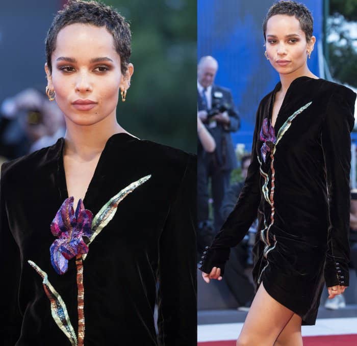 Zoe Kravitz wearing a Saint Laurent Fall 2017 black velvet dress and black ankle-strap sandals at the "Racer and the Jailbird" premiere during the 74th Venice Film Festival