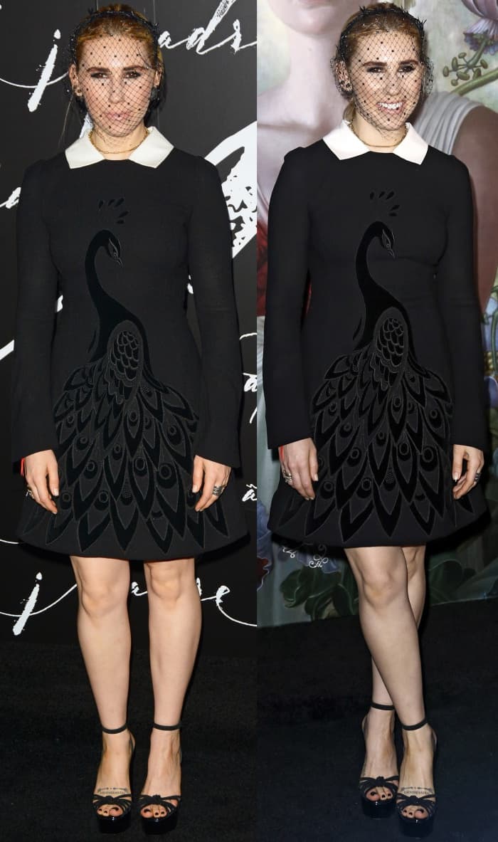 Zosia Mamet wearing a Yanina Fall 2016 Couture dress and black platform sandals at the "Mother!" premiere