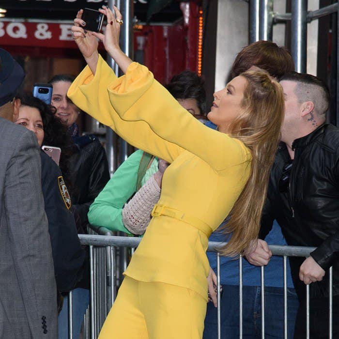 Blake Lively in a yellow Brandon Maxwell Spring 2018 outfit with jewelry by Ofira and Lorraine Schwartz