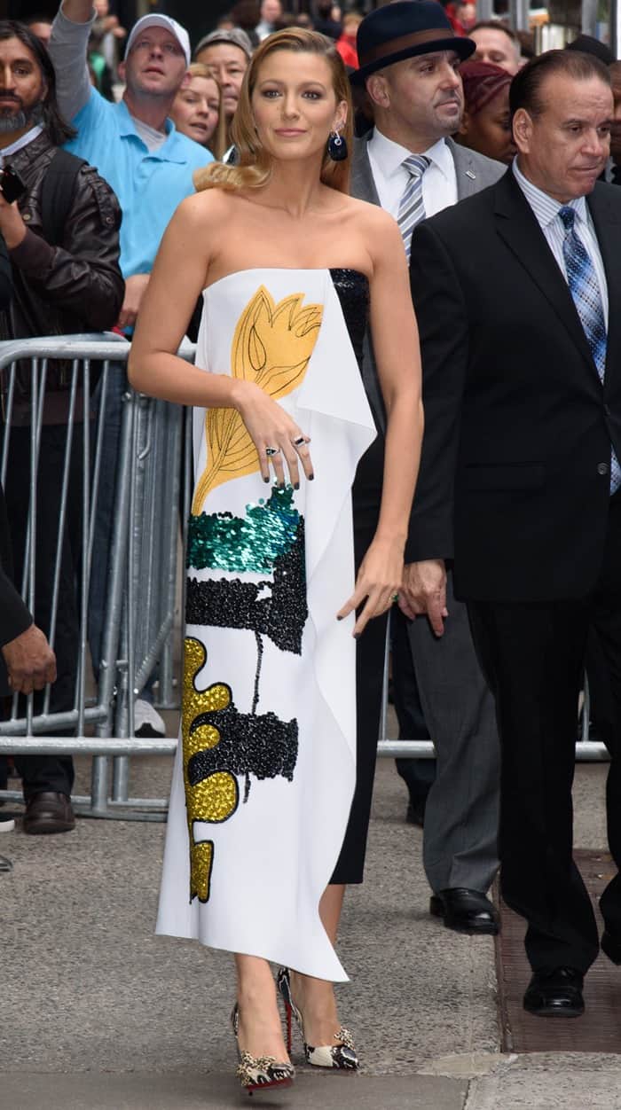 Blake Lively in a sequin-embroidered strapless dress from Oscar de la Renta