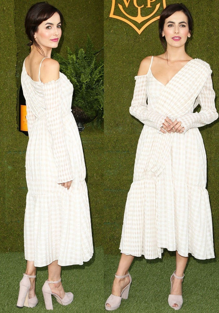 Camilla makes a fresh entrance in a ruched gingham dress from Adeam's Resort 2018 collection