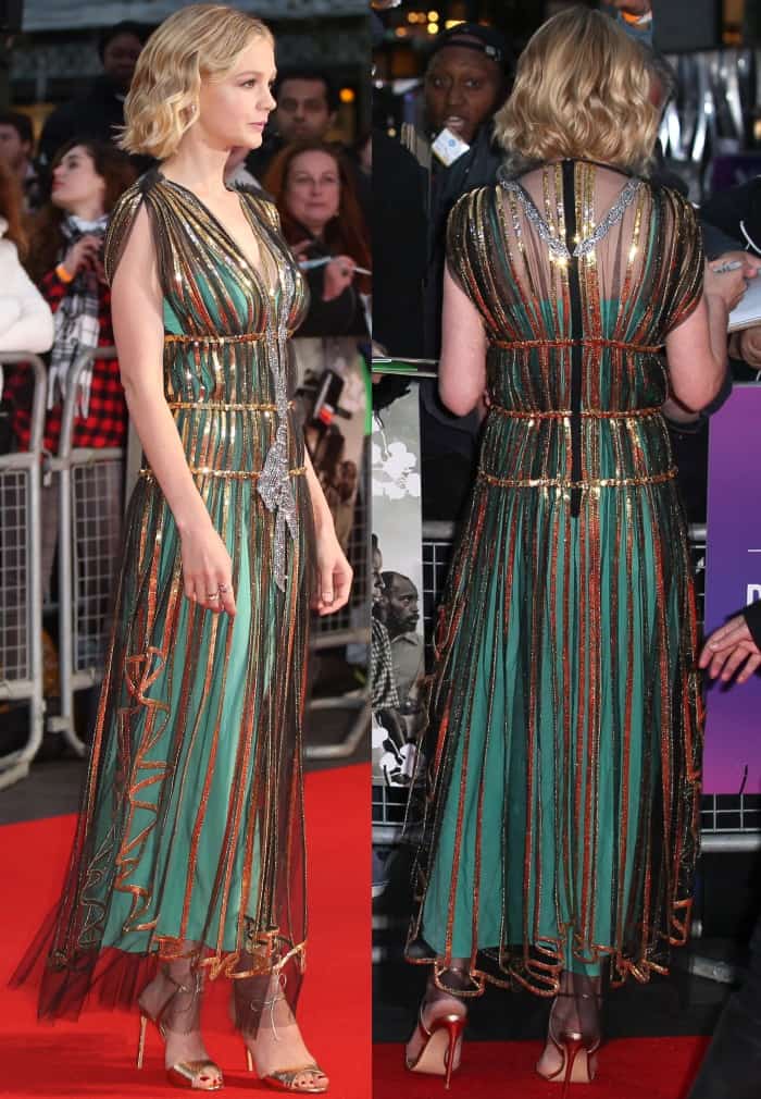 Carey Mulligan wearing a Gucci Resort 2018 dress and Francesco Russo sandals at the "Mudbound" premiere during the London Film Festival