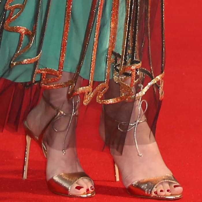 Carey Mulligan wearing Francesco Russo metallic sandals at the "Mudbound" premiere during the London Film Festival