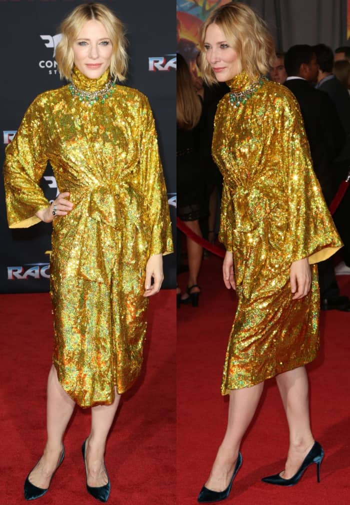 Cate Blanchett wearing a Gucci Spring 2018 dress and Christian Louboutin "Decoltish" pumps at the "Thor: Ragnarok" world premiere