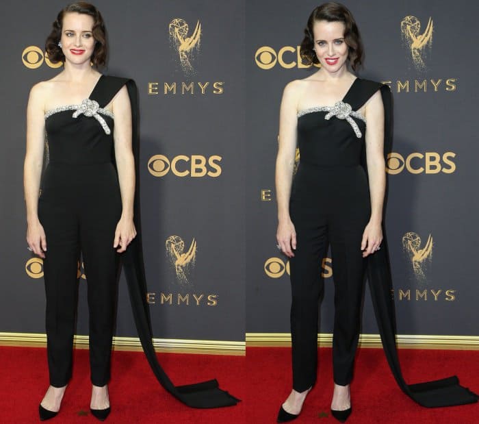 Claire Foy wearing an Oscar de la Renta Resort 2018 jumpsuit and Christian Louboutin "Iriza" pumps at the 69th Emmy Awards