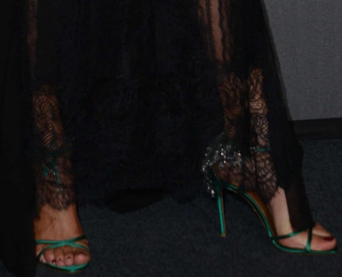 Nieves Alvarez wearing green Aquazzura embellished sandals at the 2017 amfAR Milano gala
