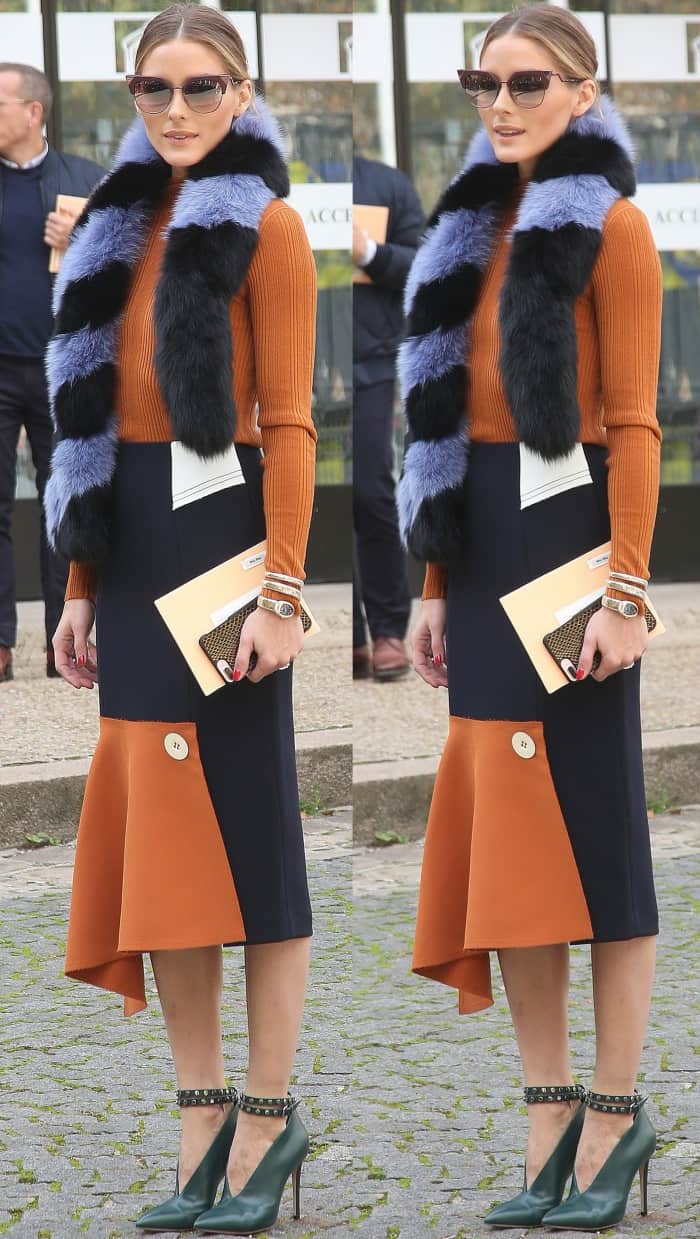 Olivia Palermo wearing a Charlotte Simone "Popsicle" stole, a Comme Moi skirt, and Jimmy Choo "Lark" booties at the Miu Miu Spring/Summer 2018 fashion show during Paris Fashion Week