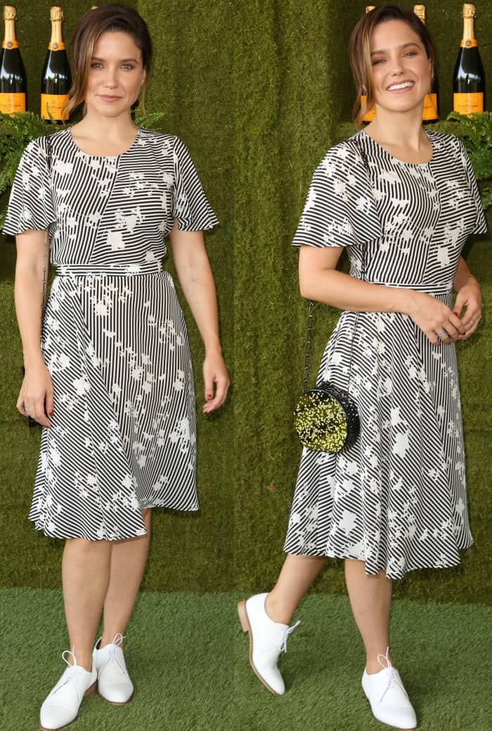 Sophia Bush wearing an Altuzarra Pre-Fall 2017 dress and white lace-up dress shoes at the 8th Annual Veuve Clicquot Polo Classic