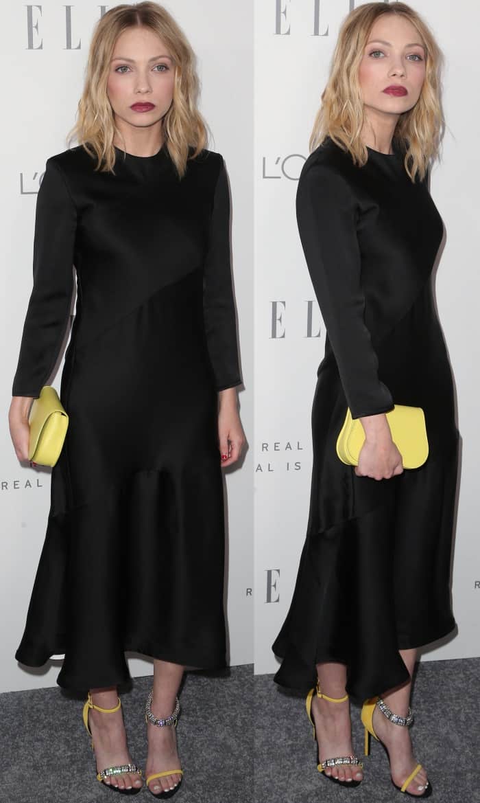 Tavi Gevinson in a black long-sleeved dress from Calvin Klein