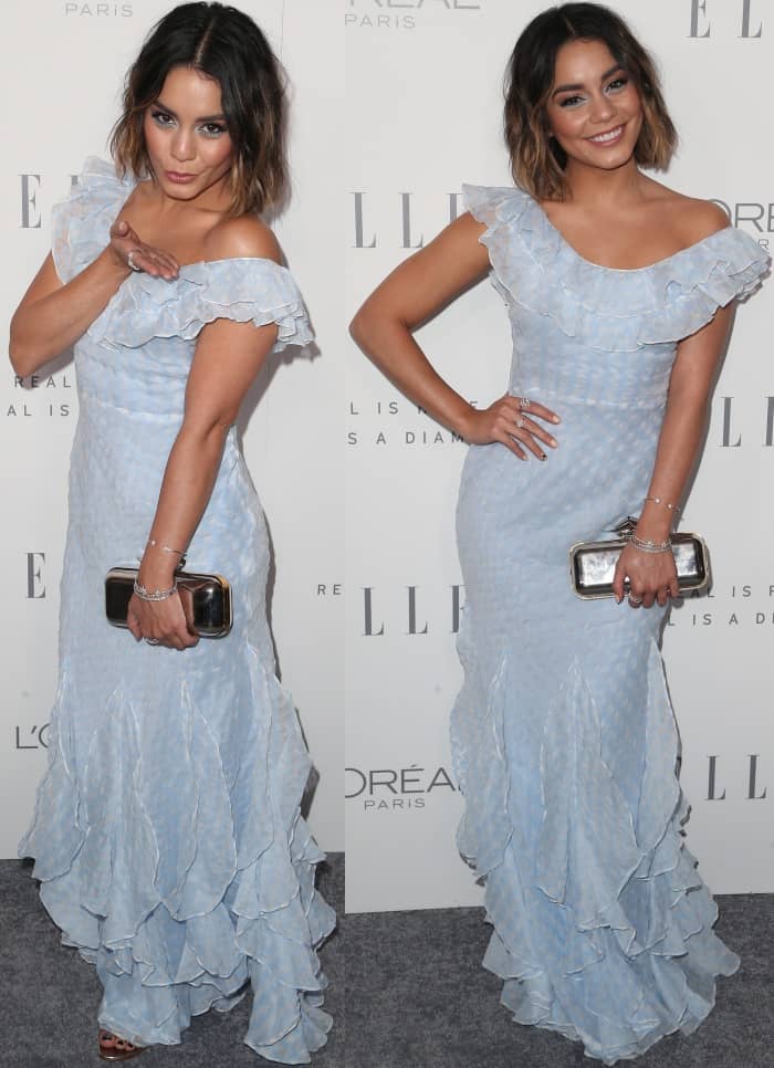 Vanessa Hudgens wearing a light blue Bora Aksu gown and Manolo Blahnik "Chaos" sandals at Elle's 24th Annual Women in Hollywood Celebration