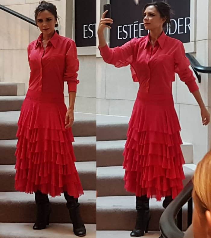 Victoria Beckham wearing a look from her own Autumn/Winter 2017 collection during an Estee Lauder event in Dublin