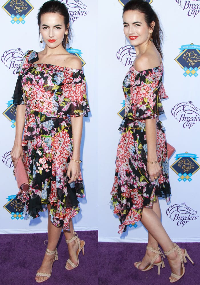 Camilla looks fresh in a Josie Natori Spring 2018 floral dress