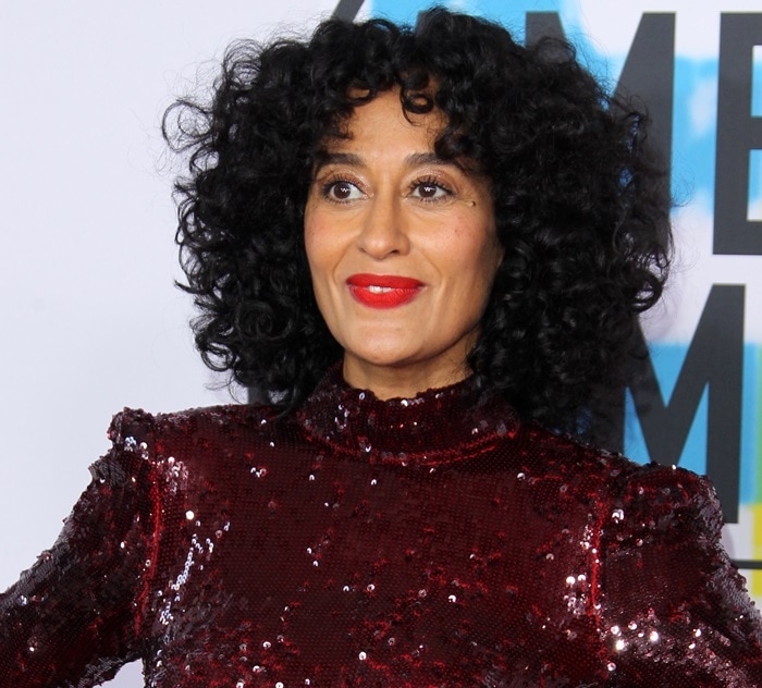 Tracee Ellis Ross wearing a sequined Stella McCartney dress at the 2017 American Music Awards held at the Microsoft Theater in Los Angeles on November 19, 2017