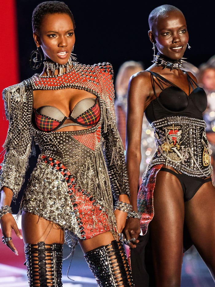 Maria Borges and Grace Bol show off studded body pieces from Balmain