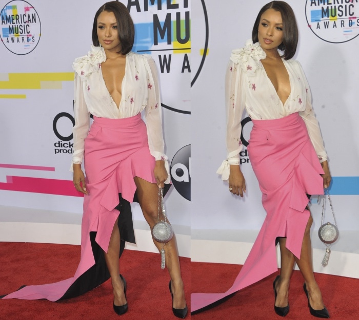 Kat Graham wearing a Ronald van der Kemp Spring 2017 Couture ensemble and black pointy-toe pumps at the 2017 American Music Awards
