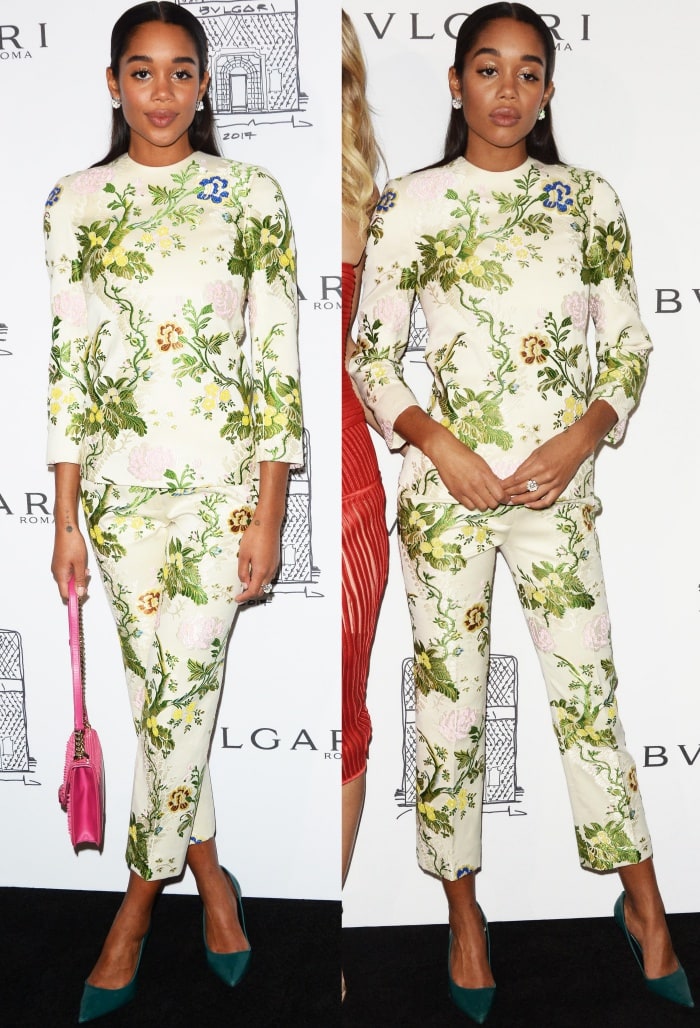 Laura Harrier wearing a Calvin Klein by Appointment Fall 2017 ensemble and green suede pumps at the Bulgari "From Rome to NYC" party