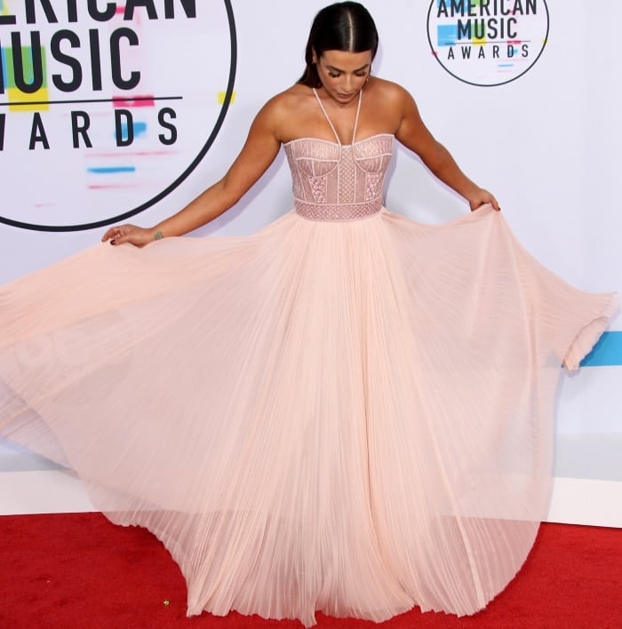 Lea Michele wearing a J. Mendel Spring 2018 gown and Stuart Weitzman sandals at the 2017 American Music Awards