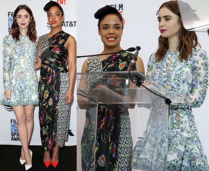 Tessa Thompson and Lily Collins at the 33rd Film Independent Spirit Awards nominations press conference