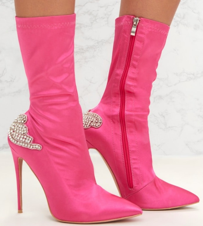 PrettyLittleThing by Kourtney Kardashian satin diamante detail heeled ankle boots in fuchsia