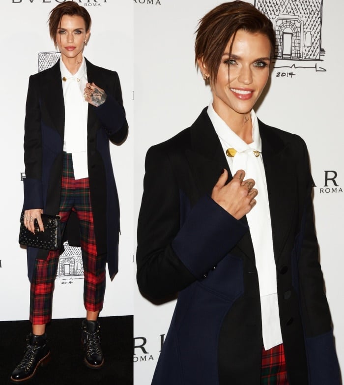 Ruby Rose wearing Burberry tartan trousers and black lace-up combat boots at the Bulgari "From Rome to NYC" party