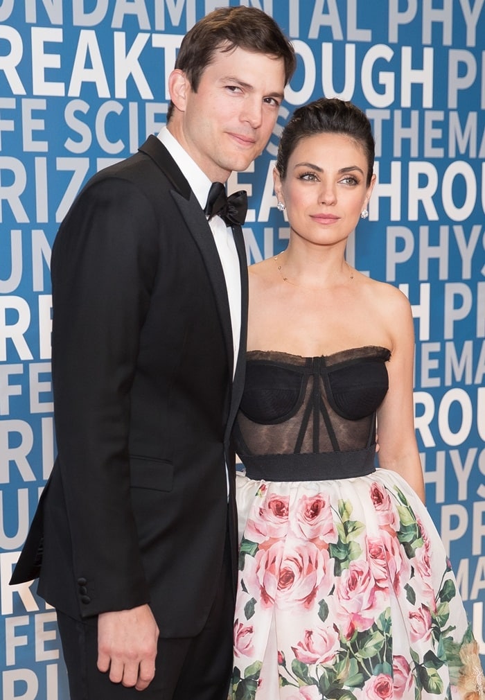 Ashton Kutcher and Mila Kunis on the red carpet at the 2018 Breakthrough Prize Ceremony at NASA Ames Research Center in Mountain View, California, on December 3, 2017