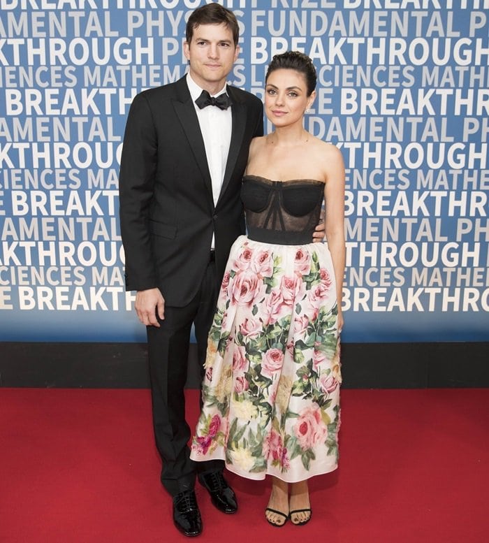 Ashton Kutcher and Mila Kunis on the red carpet at the 2018 Breakthrough Prize Ceremony at NASA Ames Research Center in Mountain View, California, on December 3, 2017