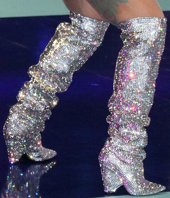 Cardi B wearing Saint Laurent "Niki" crystal-embellished over-the-knee boots