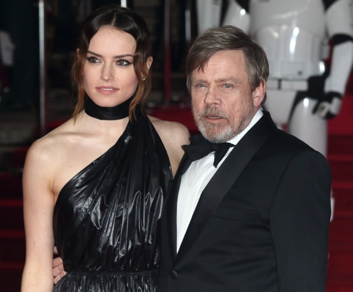 Daisy Ridley with co-star Mark Hamill at the "Star Wars: The Last Jedi" UK premiere