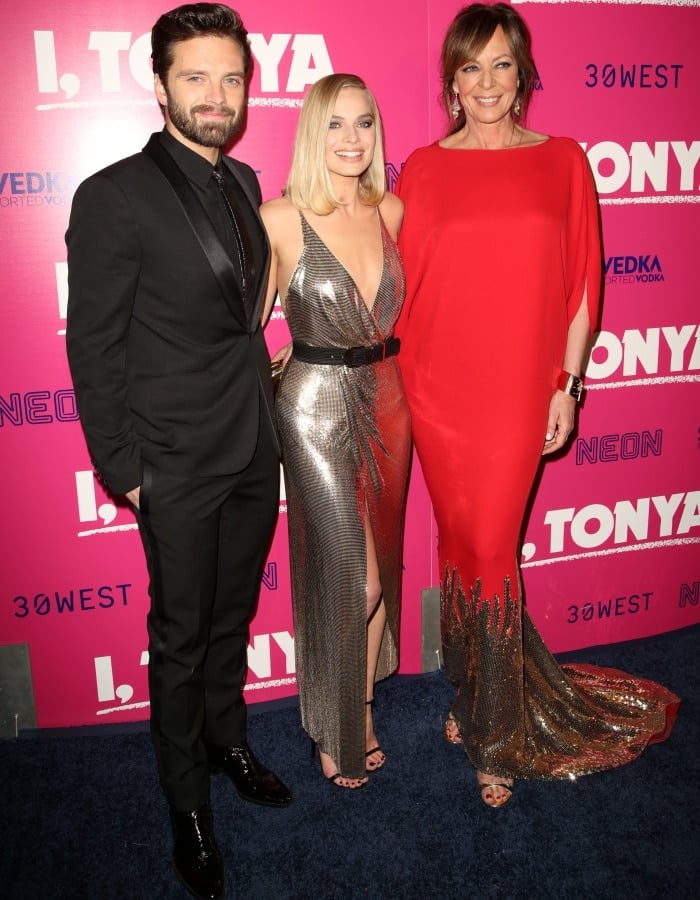 Margot Robbie with co-stars Sebastian Stan and Allison Janney at the "I, Tonya" Los Angeles premiere