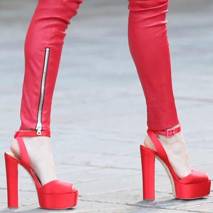 Bella Thorne's red satin Giuseppe Zanotti 'Betty' heels