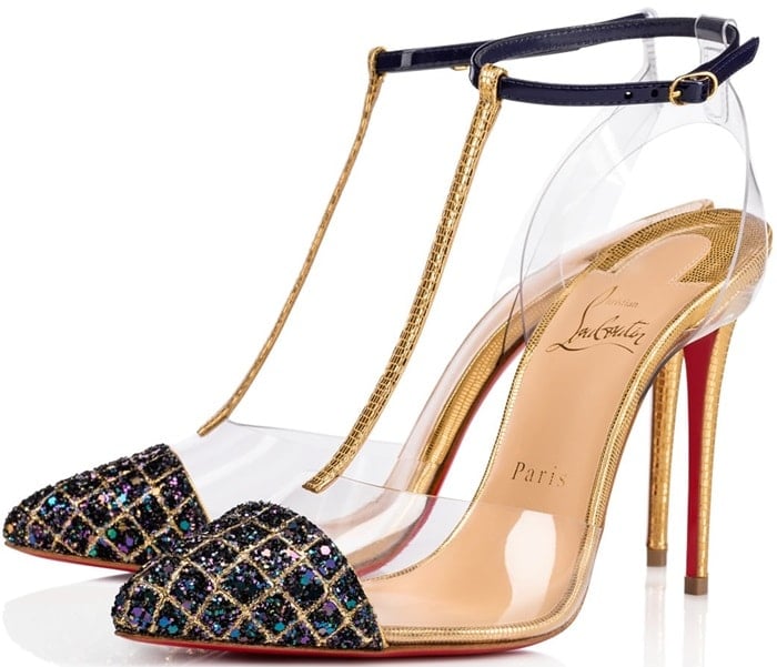 Christian Louboutin 'Nosy' 100 mm in Gold Embossed Dino Laminato Leather, Patent and China Blue Aliglitter