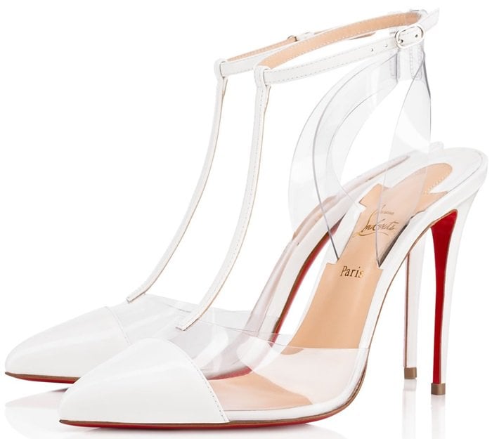 Christian Louboutin Nosy 100 patent-leather and PVC T-bar pumps in white