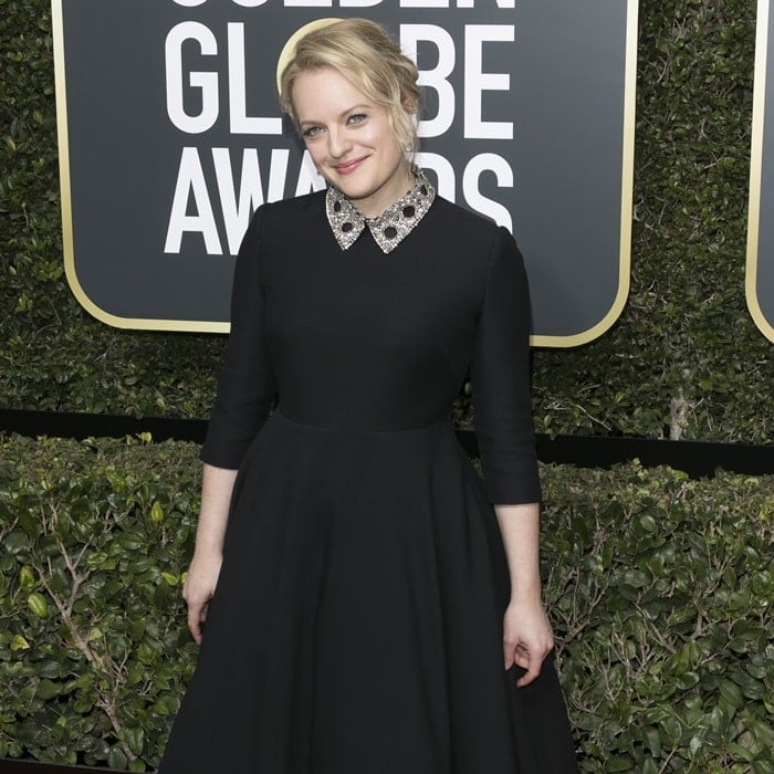 Elisabeth Moss wearing a Dior Haute Couture dress at the 2018 Golden Globe Awards held at the Beverly Hilton Hotel in Beverly Hills, California, on January 7, 2018