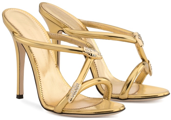 Gold laminated leather sandal with snake accessory