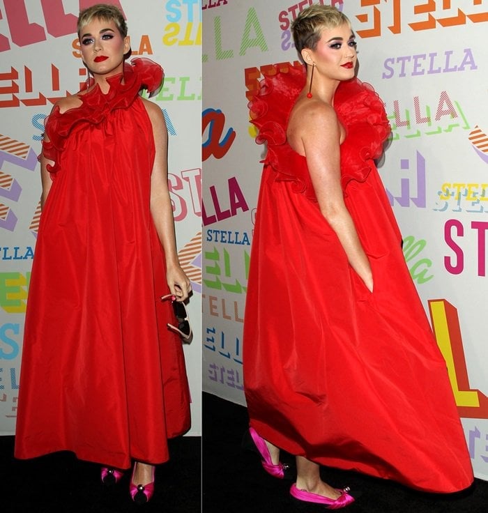 Katy wearing a statement scarlet dress from the Stella McCartney Spring 2018 collection