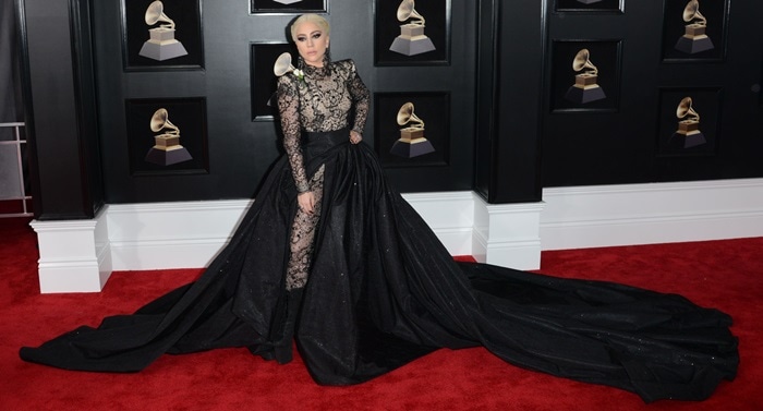 Lady Gaga wearing a custom Armani Privé hybrid gown at the 2018 Grammy Awards held at Madison Square Garden in New York City on January 28, 2018