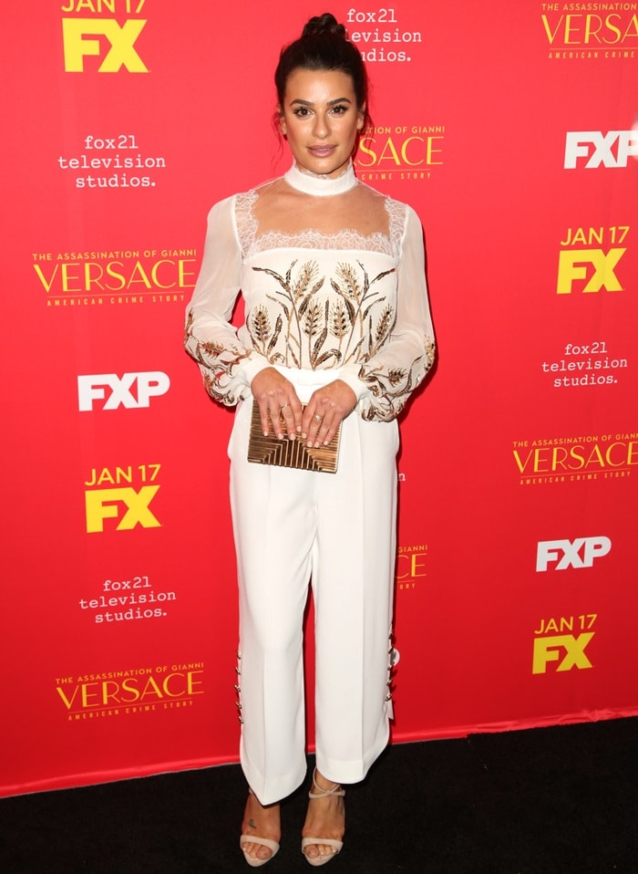 Lea Michele wearing a romantic Elisabetta Franchi Spring 2018 jumpsuit