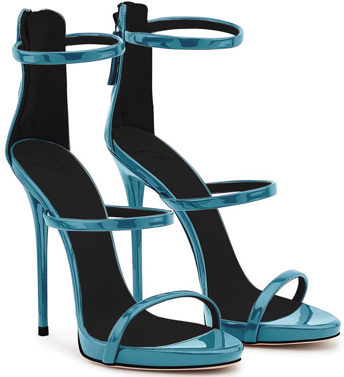 Mirrored blue patent sandal with three straps