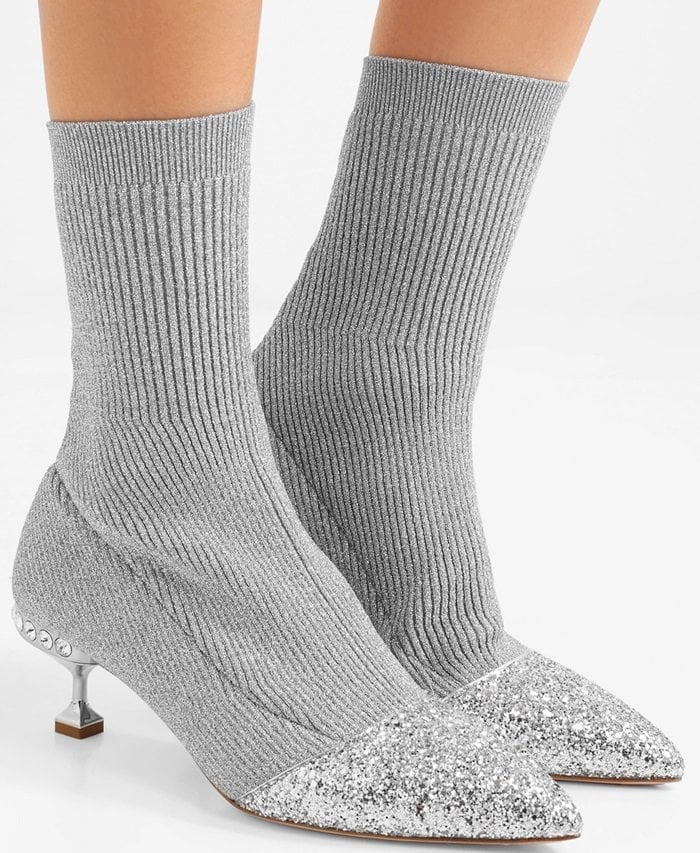 Miu Miu Glittered metallic ribbed-knit sock ankle boots