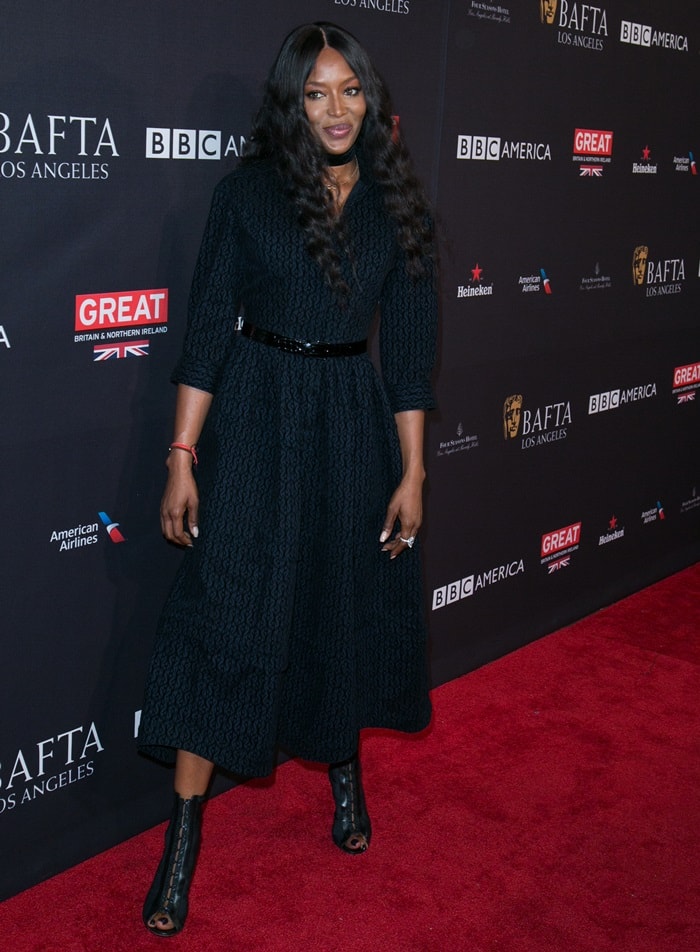 Naomi Campbell wearing a black Azzedine Alaïa dress for the BAFTA Tea Party at the Four Seasons Hotel in Los Angeles on January 6, 2018