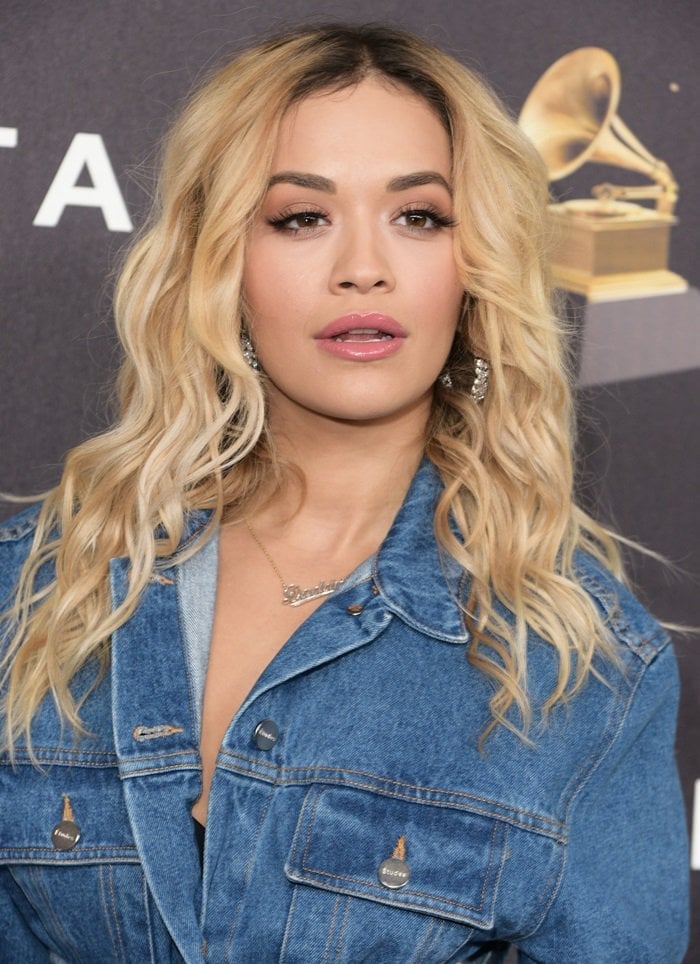 Rita Ora wearing a denim-on-denim look from the Etudes Spring 2018 collection at The Bowery Hotel in New York on January 25, 2018