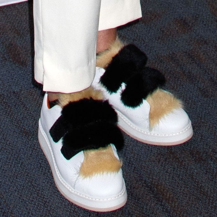 Sharon Stone's Zara leather sneakers with faux-fur trim on the tongues and hook-and-loop straps