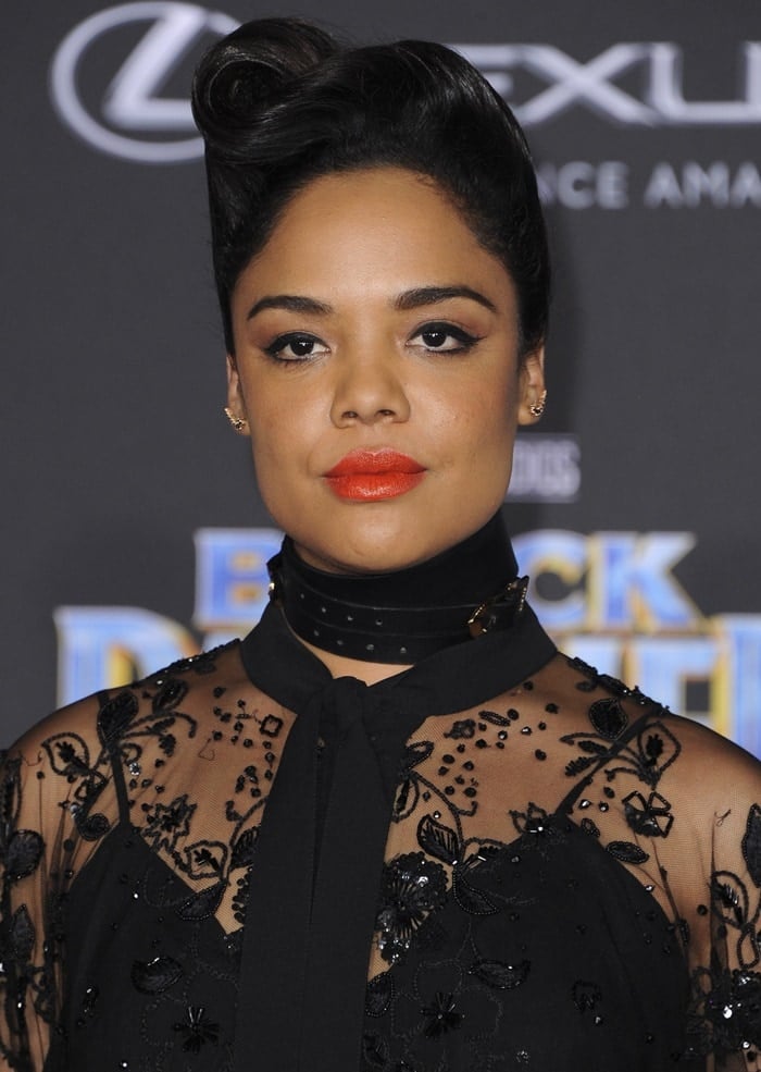 Tessa Thompson donned an Elie Saab dress at the ‘Black Panther’ premiere at the Dolby Theatre in Hollywood on January 29, 2018