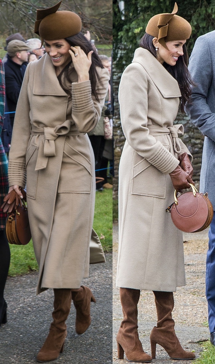 Meghan Markle wearing a Sentaler coat, a Club Monaco dress, a Philip Treacy hat, and Stuart Weitzman "Hiline" boots for the Christmas Day church service at Sandringham