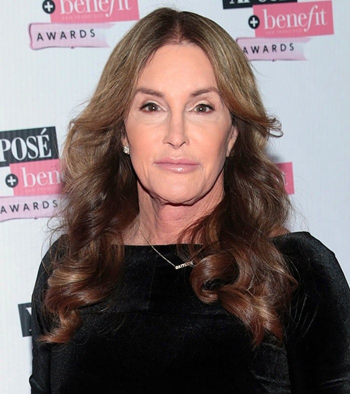 Caitlyn Jenner wearing a knee-length dress with black pointy-toe pump sat the Xposé Benefit Beauty Awards held at the Mansion House in Dublin, Ireland, on February 1, 2018