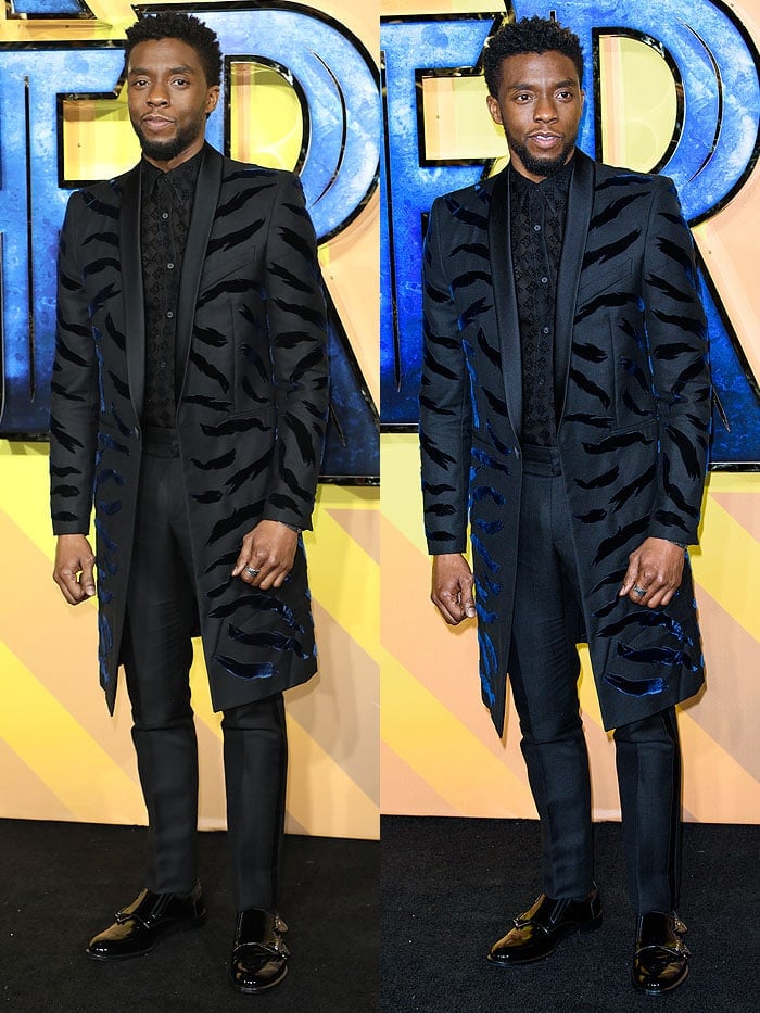 Chadwick Boseman a wearing a Givenchy Spring 2018 ensemble featuring a tiger-striped long blazer.