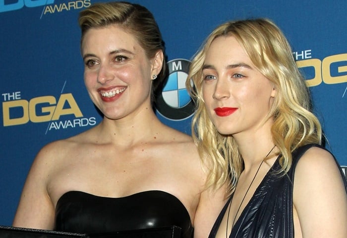Saoirse Ronan shares the stage with 'Lady Bird' director Greta Gerwig during the 2018 Directors Guild of America Awards at the Beverly Hilton Hotel in Beverly Hills, California, on February 3, 2018